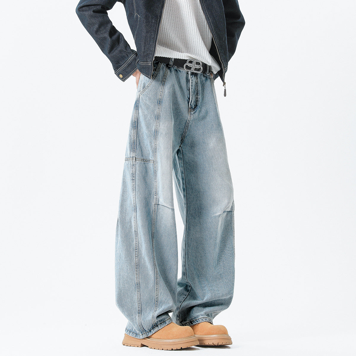 Retro Pleated Washed Denim Jeans Mens Straight-Leg Loose-Fit Altior Prime
