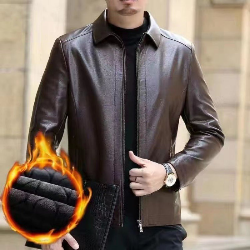 Leather Jacket For Middle-aged Men Leather Clothing With Stand Collar Men Fleece-lined Altior Prime