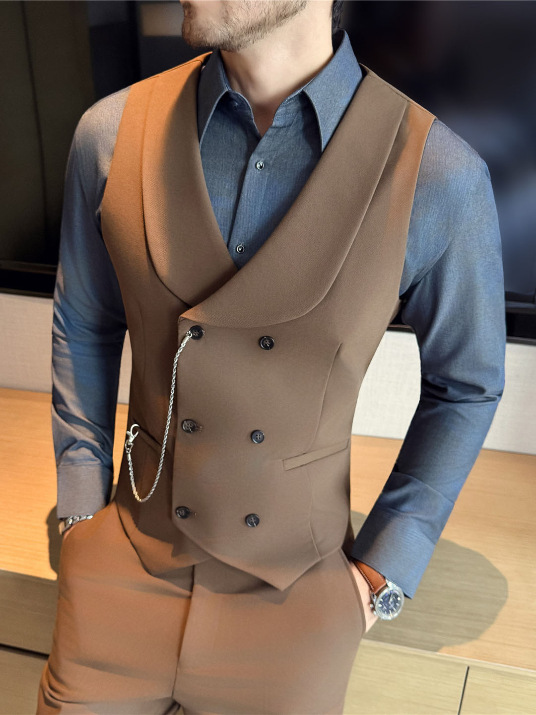 Men's Yarn-dyed High Double-breasted Shawl Collar Vest Altior Prime