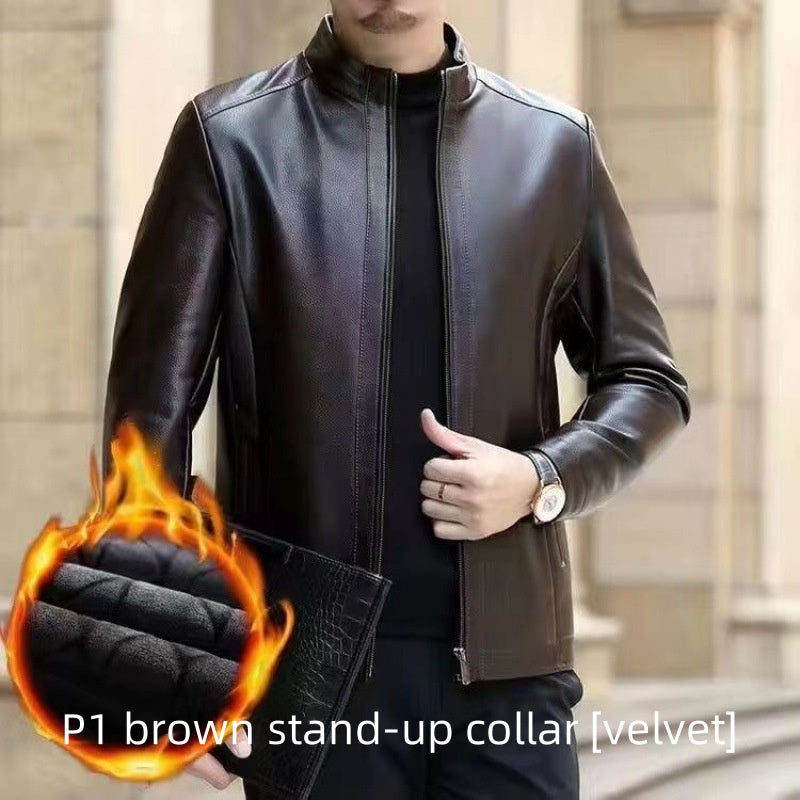 Leather Jacket For Middle-aged Men Leather Clothing With Stand Collar Men Fleece-lined Altior Prime