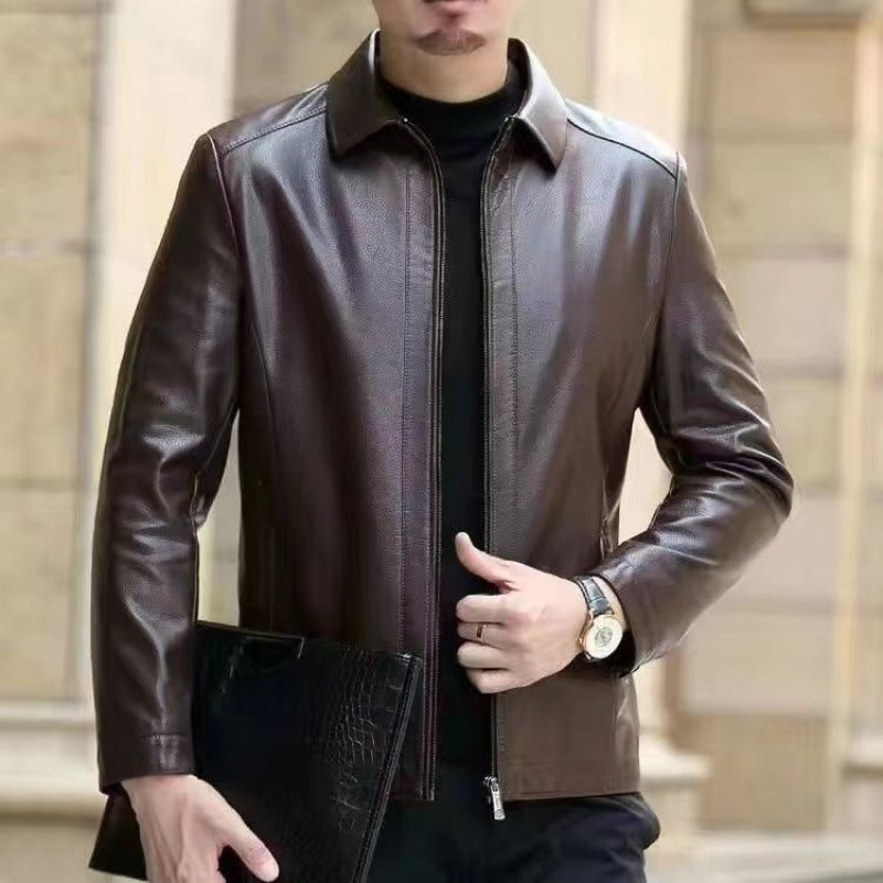 Leather Jacket For Middle-aged Men Leather Clothing With Stand Collar Men Fleece-lined Altior Prime