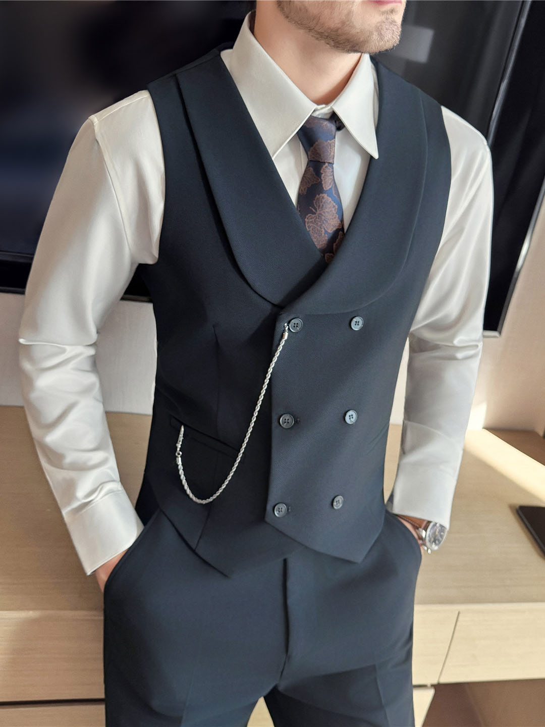 Men's Yarn-dyed High Double-breasted Shawl Collar Vest Altior Prime