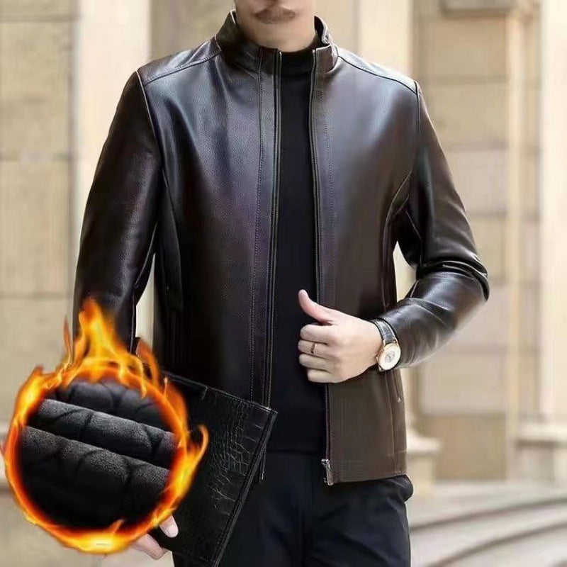 Leather Jacket For Middle-aged Men Leather Clothing With Stand Collar Men Fleece-lined Altior Prime