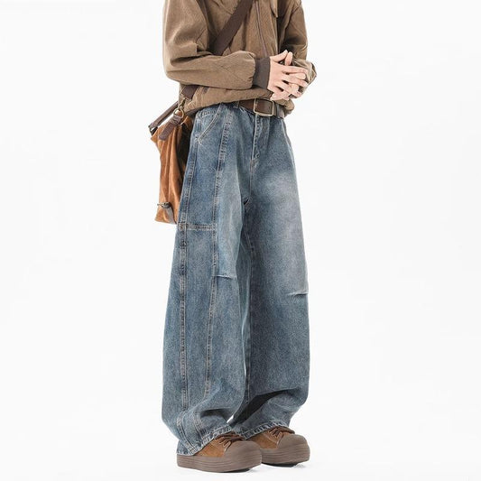 Retro Pleated Washed Denim Jeans Mens Straight-Leg Loose-Fit Altior Prime