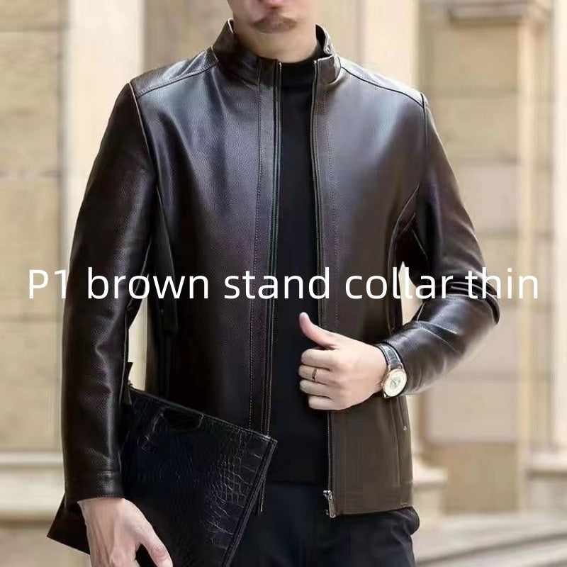 Leather Jacket For Middle-aged Men Leather Clothing With Stand Collar Men Fleece-lined Altior Prime