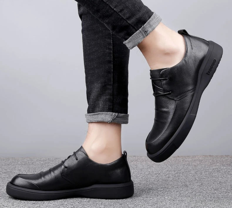 Black Thick Sole Soft Leather Shoes for Men High Quality Fashion Low Price Designer Footwear Offer Retro New in Man Casual Shoe