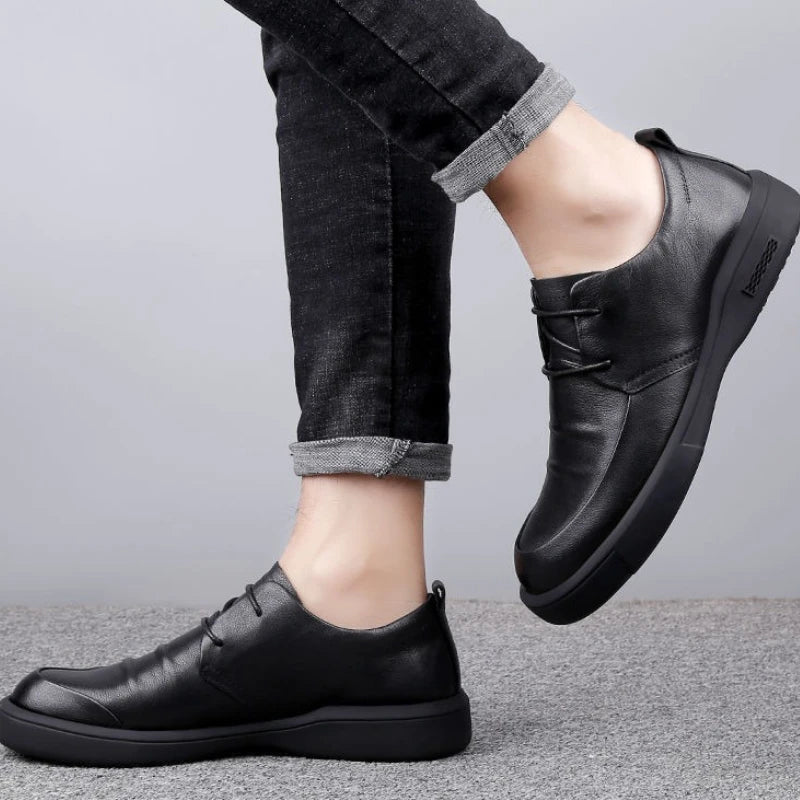 Black Thick Sole Soft Leather Shoes for Men High Quality Fashion Low Price Designer Footwear Offer Retro New in Man Casual Shoe