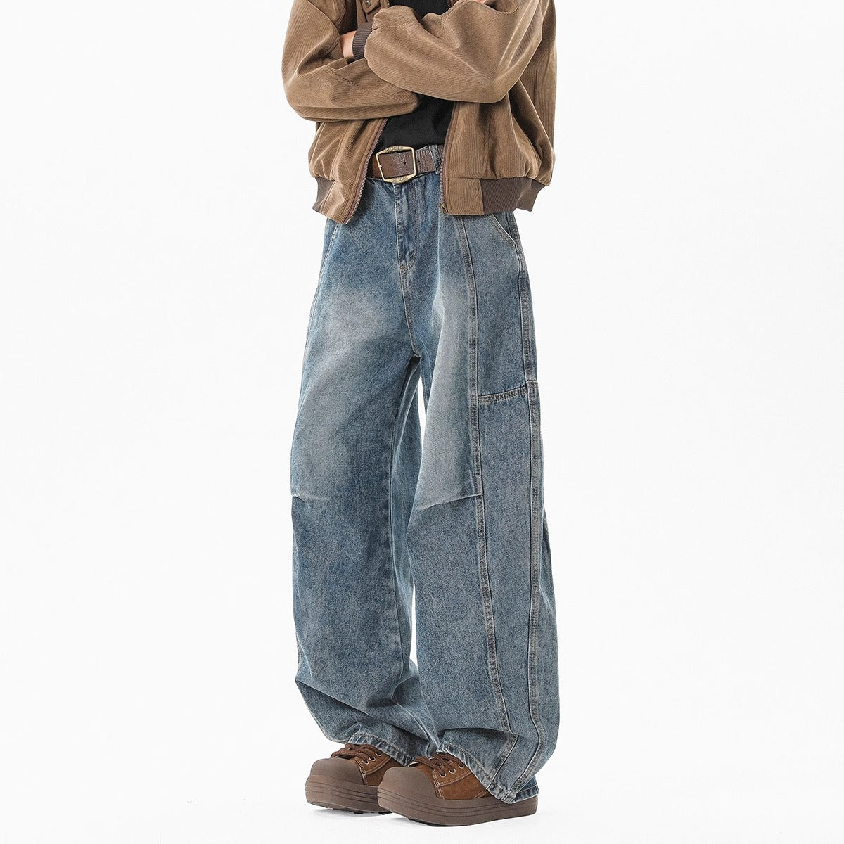 Retro Pleated Washed Denim Jeans Mens Straight-Leg Loose-Fit Altior Prime