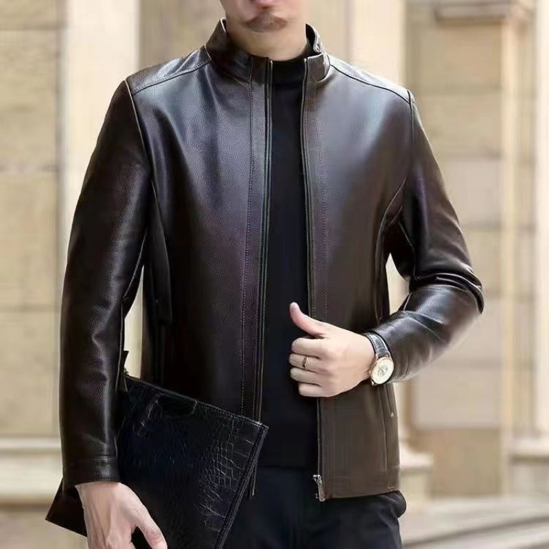Leather Jacket For Middle-aged Men Leather Clothing With Stand Collar Men Fleece-lined Altior Prime