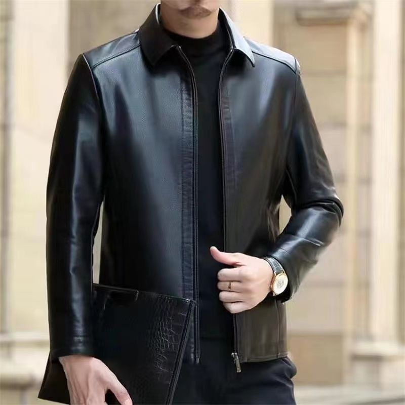 Leather Jacket For Middle-aged Men Leather Clothing With Stand Collar Men Fleece-lined Altior Prime
