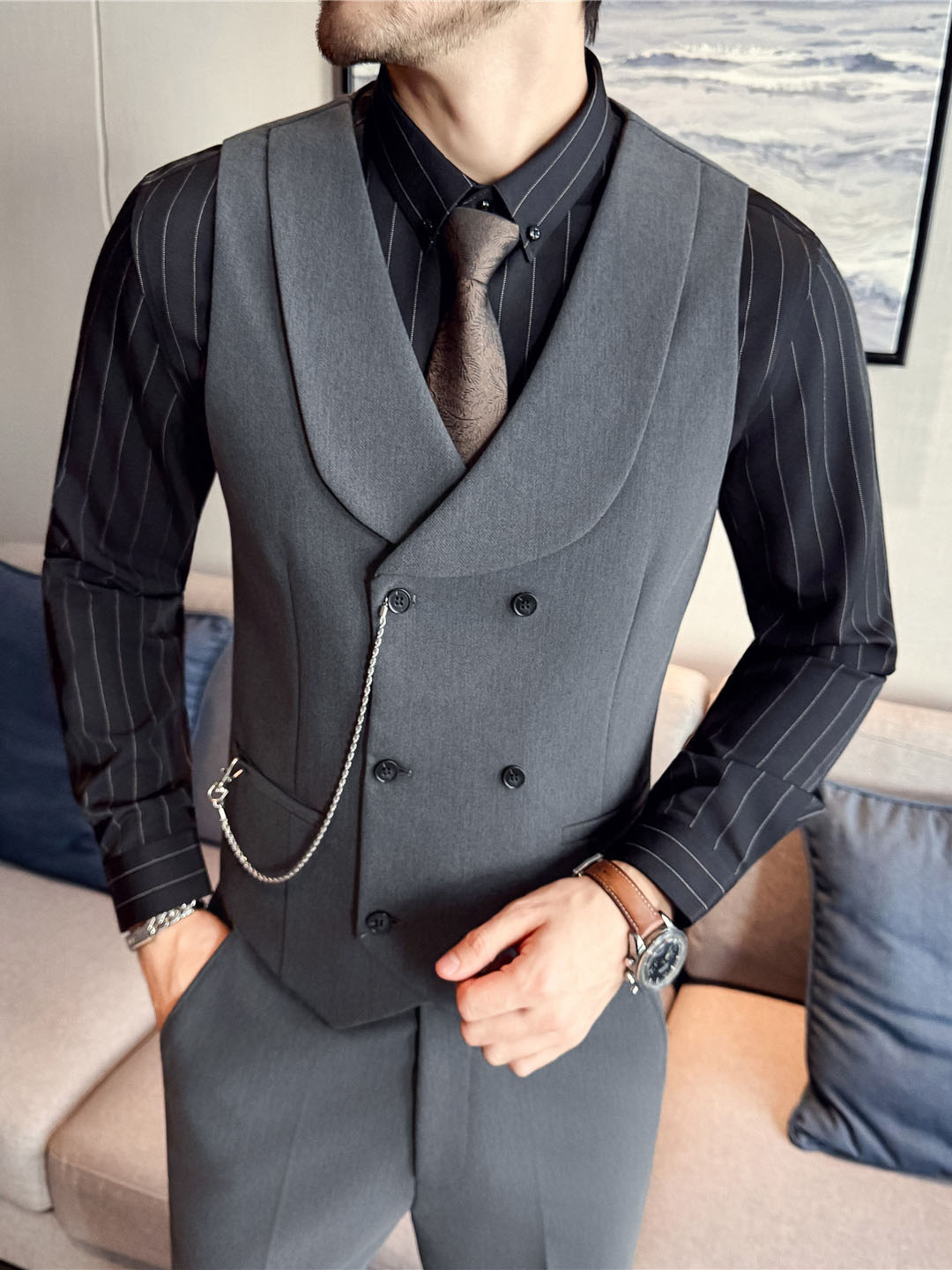 Men's Yarn-dyed High Double-breasted Shawl Collar Vest Altior Prime