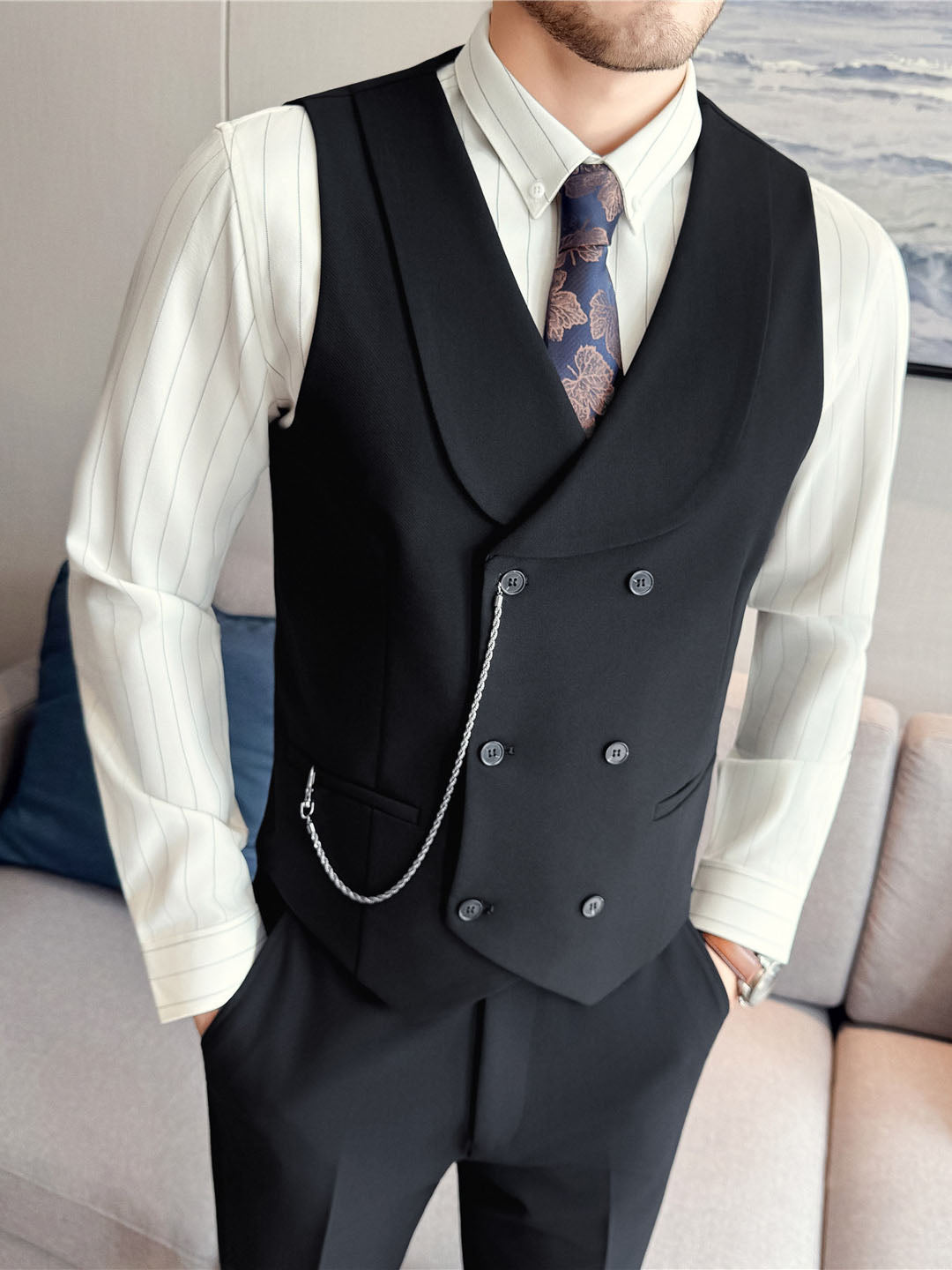 Men's Yarn-dyed High Double-breasted Shawl Collar Vest Altior Prime