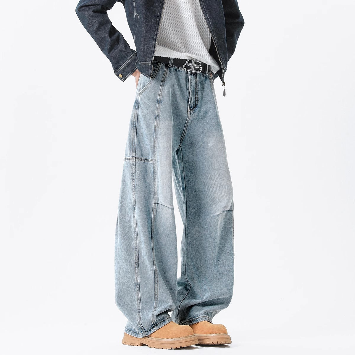 Retro Pleated Washed Denim Jeans Mens Straight-Leg Loose-Fit Altior Prime